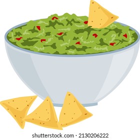 Guacamole in a bowl with nachos. Traditional Mexican food. Isolated image on a white background. Vector illustration.