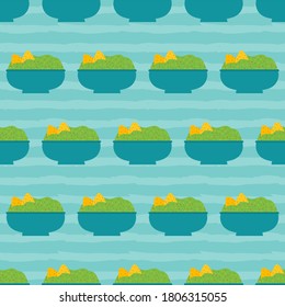 Guacamole bowls with nachos, tortilla chips striped vector seamless pattern background.

