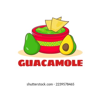 Logo de la caricatura de Guacamole. Un tazón de salsa guacamole con nachos. La comida tradicional mexicana de la calle. El arte vectorial es un personaje adorable.