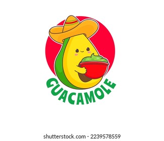 Guacamole cartoon logo. Cute Avocado wears sombrero hat with guacamole sauce. Mexican traditional street food. Vector art adorable character.