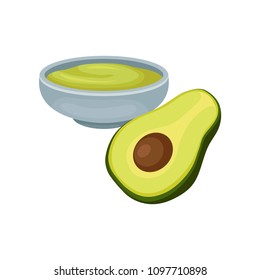 Guacamole in ceramic bowl and half of fresh avocado. Delicious Mexican sauce. Flat vector element for cafe menu or flyer