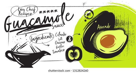 Guacamole Charcoal Horizontal Charcoal Poster with Lettering. White Chalk Background with Green Avocado