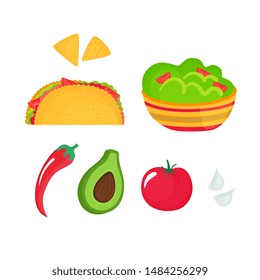Guacamole - a dish of national Mexican cuisine. Tacos. Tomato, garlic, avocado, chili pepper, corn chips nachos. Local food
