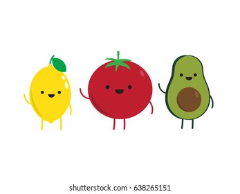 Guacamole Friends. Vector Set. Tomato, avocado, lemon. Cute characters.