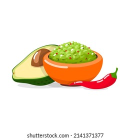 Icono de Guacamole. Ilustración de guacamole, aguacate y pimienta mexicanos tradicionales aislados en un fondo blanco. Vector 10 EPS.