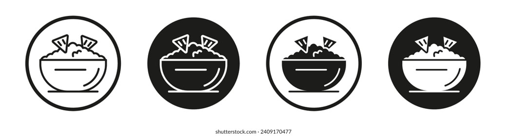 Guacamole icon set. Salsa appetizer dip cheese chips vector symbol in a black filled and outlined style. nachos dip in yogurt sauce sign.