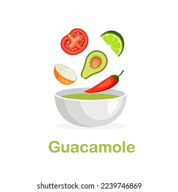 Guacamole ingredients. Avocado, tomato, chili pepper, onion and lime falling in a bowl. Mexican sauce recipe. Vector illustration in trendy flat style isolated on white background.