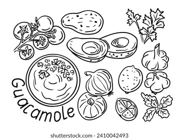 Guacamole ingredients doodle set. Food illustration. Sketch contour hand drawn vegetables, lettering and mexicans meal. Ideal for coloring pages, tattoo, pattern