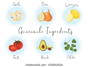 Guacamole ingredients icons. Garlic cloves, onion, lemon juice, tomato, avocado, cilantro parsley. Guacamole recipe. Vector illustration isolated on white background