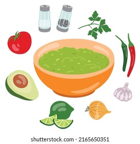 Guacamol con ingredientes. Salsa mexicana de aguacate en un bol de naranja. Adecuado para sitio web, stickers, menú.