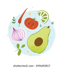 Ingredientes de guacamol. Afiche dibujado a mano plana con la receta de salsa de salsa de salsa mexicana. Ya sea aguacate, cebolla, tomate, pimienta, lima y cilantro para imprimir a la moda en la cocina.