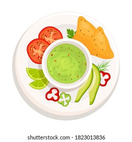 Guacamole with ingredients top view. A popular Mexican dish. Vector illustration in cartoon style. Guacamole in a bowl isolated on white background. Flat lay.