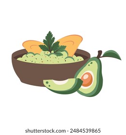 Guacamole isolated on white background. Avocado slices, nachos, pepper, greenery. National Mexican food close up. Spicy tasty eating in wooden bowl. Vector illustration for menu, delivery, cooking