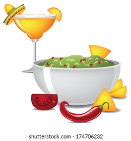 Guacamole and margarita with sombrero, jalapeÃ?Â±o and maracas EPS 10 vector, grouped for easy editing. No open shapes or paths.