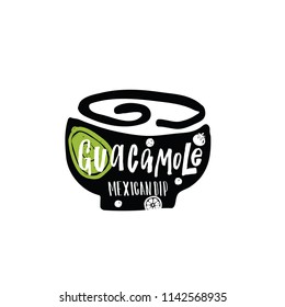 Guacamole. Mexican dip. Hand drawn illustration of avocado, tomato, lime in the black silhouette of bowl. Lettering inscription.