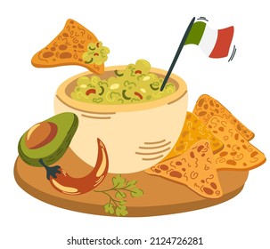 Guacamole. Guacamole mexicano de comida con nachos, aguacate, pimienta, lima y especias. Comida deliciosa, saludable, bocadillo. Ilustración del vector de dibujos a mano. 