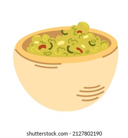 Guacamole. Guacamole mexicano de comida con nachos, aguacate, pimienta, lima y especias. Comida deliciosa, saludable, bocadillo. Ilustración del vector de dibujos a mano.