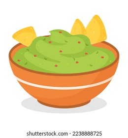 Comida guacamole mexicana con nachos. Ilustración vectorial.