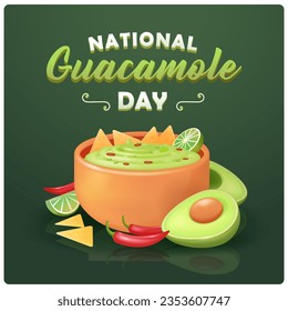 Guacamole. La comida mexicana. Guacamole tradicional con salsa verde con nachos, aguacate, chili y tiras de lima. Ilustración vectorial 3d. Día Nacional de la Guacamole