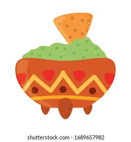 guacamole with nacho in dish.  Cinco de Mayo mexican celebration vector illustration, flat style icon.