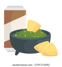 guacamole with nachos and beer in can, on white background vector illustration design