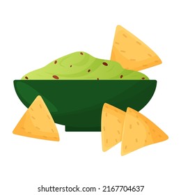 Guacamole con nachos aislados en fondo blanco. Ilustración de vectores alimentarios en México