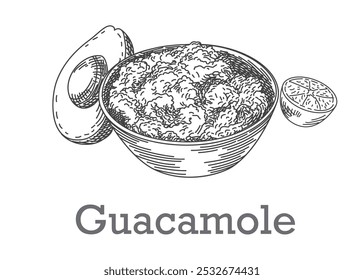 Guacamole on plate, hand drawn sketch style. Traditional mexican food.