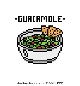 Cuenco de salsa guacamole decorado con chips de tortilla, ícono de la comida de píxel sobre fondo blanco. Retro 80, 90's, máquina tragaperras de 8 bits, gráficos de videojuegos. Cocina tradicional mexicana. El aguacate se extendió.