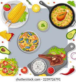 Guacamole, salsa, Paella, Arroz con Pollo, asado, elote, Brigadeiro, Moqueca, Esquire, tostadas. Postal cuadrada, cubierta, cartel. Cocina tradicional mexicana. Cocina latinoamericana.