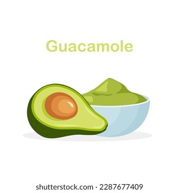 Guacamole sauce. Avocad bowl. Vector illustration in trendy flat style isolated on white background.