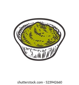 Guacamole sauce avocado, pesto green vector. Isolated on white background. Guacamole avocado food ingredient. Engraved hand drawn illustration in retro vintage style. Organic Food, dishes component