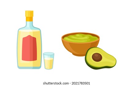 Salsa de guacamole en un bol con aguacate y tequila en un conjunto de vectores de botella