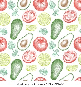 Guacamole sauce ingredients. Seamless pattern with avocado, lime and tomato. Ink sketch isolated on white background. Hand drawn vector illustration. Retro style.