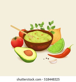 Guacamole sauce and ingredients:tomatoes, avocado, chili pepper, onion, garlic,cilantro and lime. Vector illustration