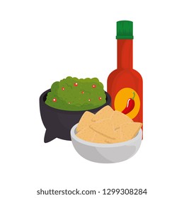 guacamole sauce with nachos and hot sauce