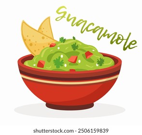 Guacamole and tortilla chips vector icon isolated on white background, rich in vibrant colors and textures. A classic Mexican appetizer: guacamole with tortilla chips cartoon illustration.