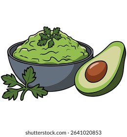Guacamole in wooden bowl nachos isolated vector illustration on white background