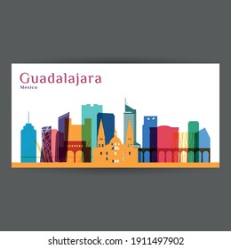 Guadalajara city, Mexico architecture silhouette. Colorful skyline. City flat design. Vector business card.