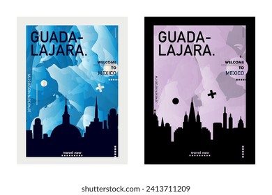 Guadalajara city poster pack with abstract skyline, cityscape, landmark and attraction. Mexico, Jalisco megacity vector illustration layout set for vertical brochure, website, flyer, presentation