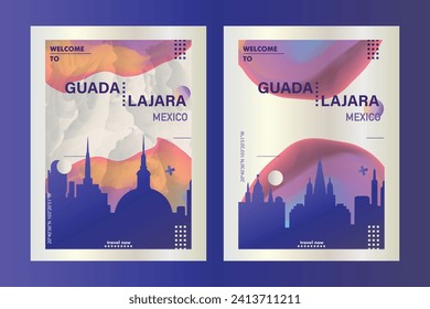 Guadalajara city poster pack with abstract skyline, cityscape, landmark and attraction. Mexico, Jalisco megacity vector illustration layout set for vertical brochure, website, flyer, presentation