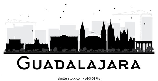 Guadalajara City skyline black and white silhouette. Vector illustration. Simple flat concept for tourism presentation, banner, placard or web site. Cityscape with landmarks.