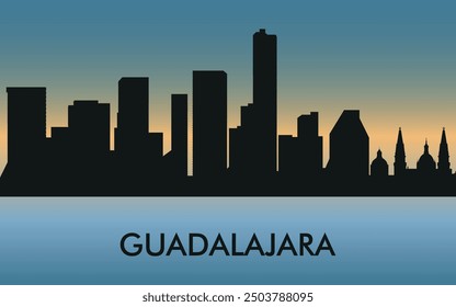 Guadalajara. The city skyline. Silhouettes of buildings. The sunset of the day. Vector on a blue background