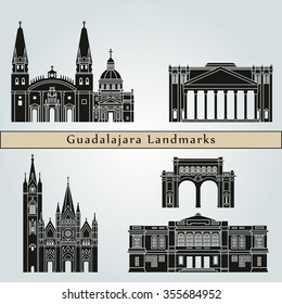 Guadalajara landmarks and monuments isolated on blue background in editable vector file