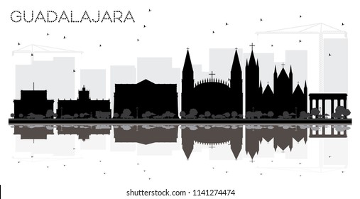 Guadalajara Mexico City skyline black and white silhouette with Reflections. Vector illustration. Simple flat concept for presentation, banner, placard or web site. Guadalajara Cityscape with landmark