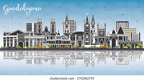 Guadalajara Mexico City Skyline with Color Buildings, Blue Sky and Reflections. Vector Illustration. Tourism Concept with Historic and Modern Architecture. Guadalajara Cityscape with Landmarks.
