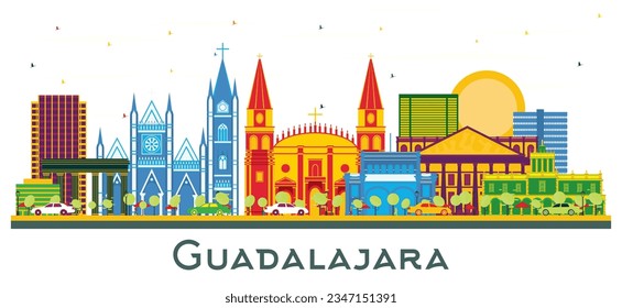 Guadalajara Mexico city Skyline with Color Buildings isolated on white. Vector Illustration. Business Travel and Tourism Concept with Historic Architecture. Guadalajara Cityscape with Landmarks.