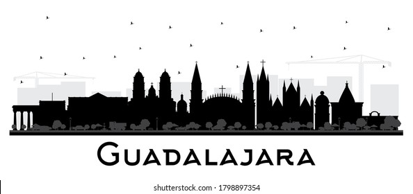 Guadalajara Mexico City Skyline Silhouette with Black Buildings Isolated on White. Vector Illustration. Tourism Concept with Historic and Modern Architecture. Guadalajara Cityscape with Landmarks.