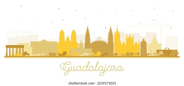 Silhouette de Guadalajara Ciudad de México con edificios dorados aislados en blanco. Ilustración vectorial. Concepto de turismo con arquitectura histórica y moderna. El paisaje urbano de Guadalajara con monumentos.