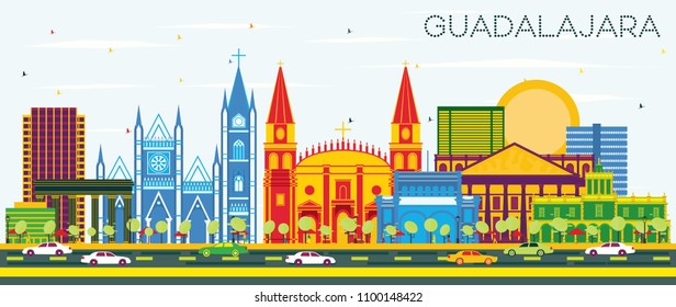Guadalajara Mexico Skyline with Color Buildings and Blue Sky. Vector Illustration. Business Travel and Tourism Concept with Historic Architecture. Guadalajara Cityscape with Landmarks.
