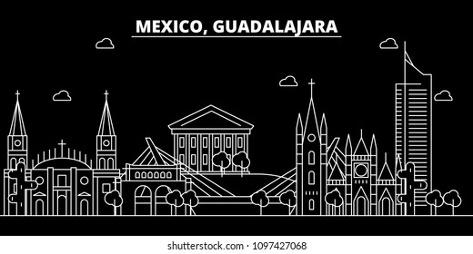 Guadalajara silhouette skyline. Mexico - Guadalajara vector city, mexican linear architecture, buildings. Guadalajara travel illustration, outline landmarks. Mexico flat icon, mexican line banner